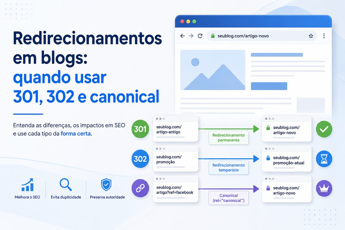 Redirecionamentos em blogs: quando usar 301, 302 e canonical